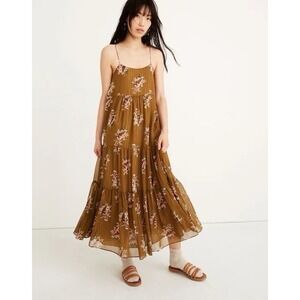 Madewell Cami Tiered Midi Dress Metallic Classic Corsage Floral 6 Boho Olive